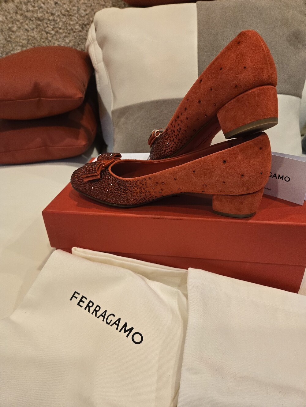 Salvatore Ferragamo Crystal-Embellished Suede Red Pumps Size 6 NWB - Picture 12 of 16